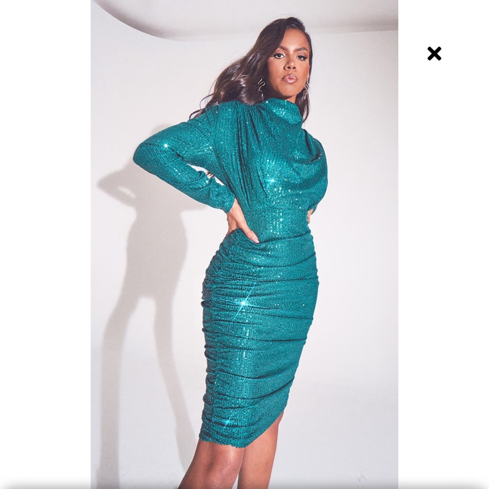 Emerald Green Sequin Shoulder Pad Ruched Front Midi Dress
